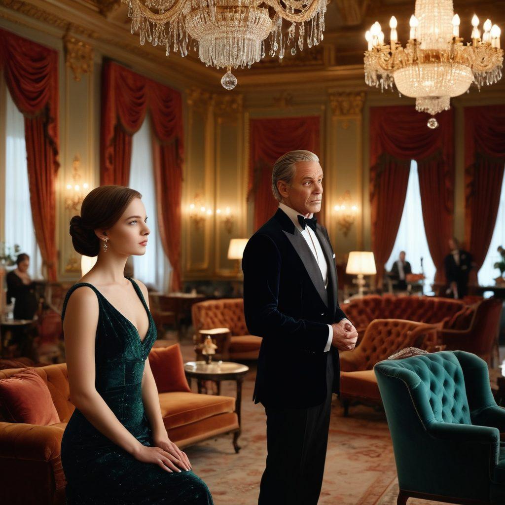 A glamorous scene depicting a sophisticated young woman in an elegant dress, confidently engaging in conversation with a distinguished middle-aged gentleman in a tailored suit, surrounded by luxurious elements like a grand chandelier and plush velvet furnishings. The atmosphere radiates success and reciprocity, highlighting the dynamics of mutual benefit. The scene should evoke a sense of opulence and connection. super-realistic. vibrant colors. luxurious setting.