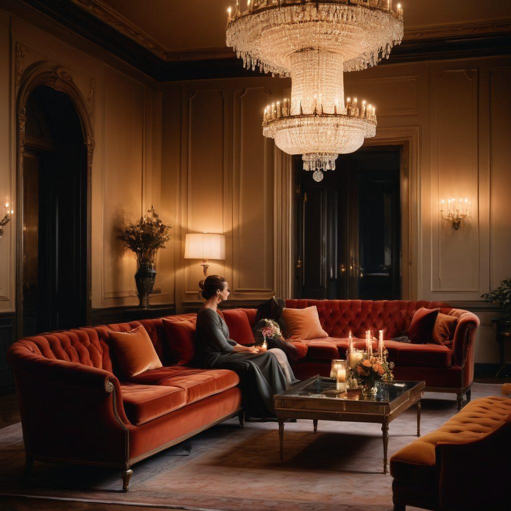 A luxurious, dimly-lit lounge setting with elegant velvet seating and softly glowing candles. In the foreground, a sophisticated couple, clad in stylish evening wear, share a discreet, intimate conversation. Rich textures and warm colors evoke a sense of exclusivity and elegance. A subtle hint of opulence, like a grand chandelier in the background, highlights the elite ambiance. super-realistic. vibrant colors. warm lighting.