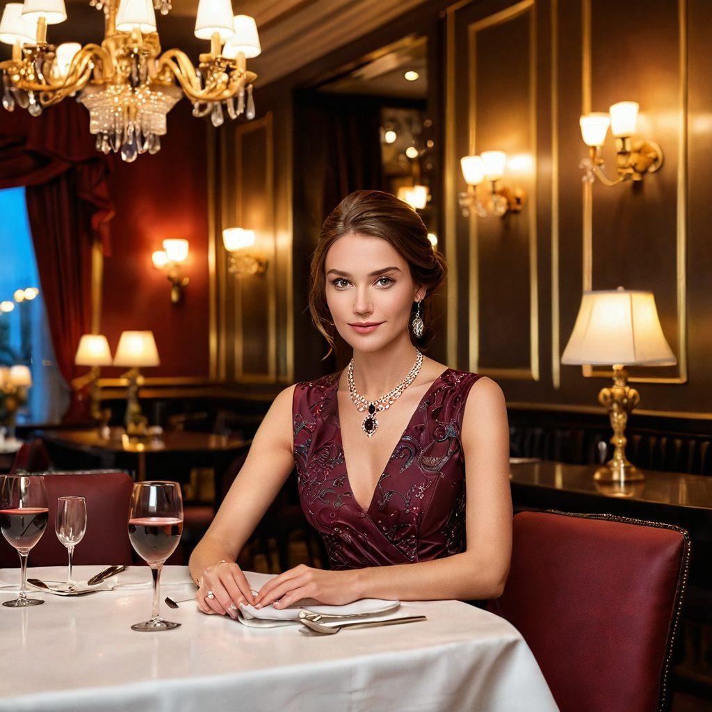 An elegant and luxurious setting featuring a confident individual elegantly dressed, sitting at a lavishly decorated table in a high-end café. Soft ambient lighting highlighting the intricate details in the décor, while an affluent partner, exuding charm and sophistication, thoughtfully engages in conversation. Rich colors and textures evoke a sense of wealth and intimacy, with subtle hints of opulence in the background. super-realistic. vibrant colors. romantic atmosphere.